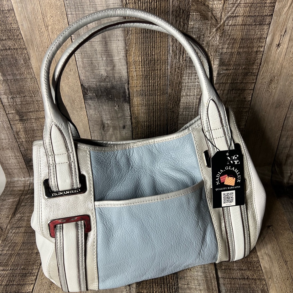 TIGNANELLO Silver Blue Colorblock Leather Satchel Shoulder Bag Belt Accents - Picture 4 of 16